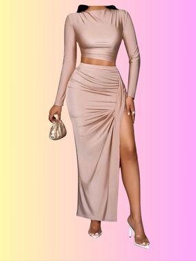 Long Ruched Side-Slit Maxi Skirt And TOP in Nude